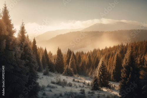 Winter landscape of a snow-covered high coniferous forest against a blue sky. Generative AI