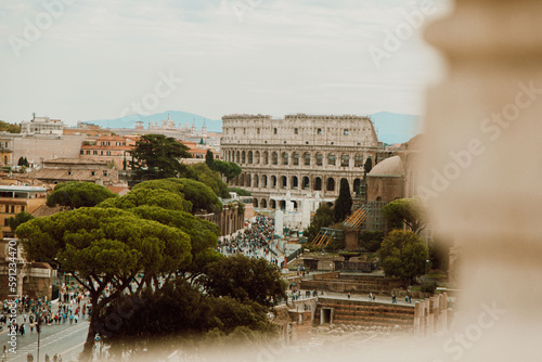 View of the roman forum city and the colosseum