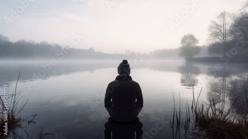 A person wearing a beanie practicing mindfulness overlooking a misty lake with their back to the camera