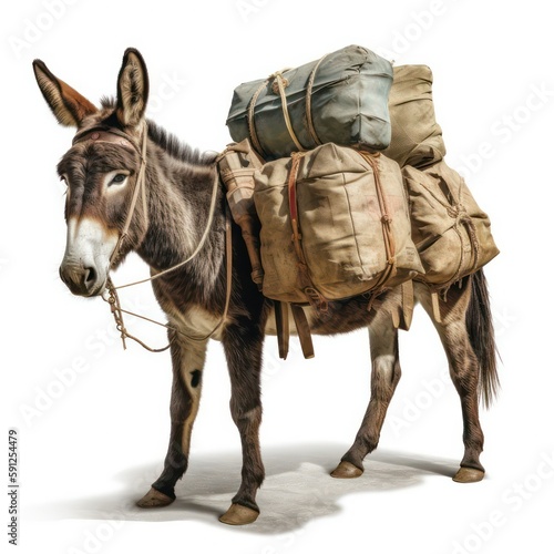 Pack mule isolated on a white background, hardworking and sturdy animal, traditionally used for carrying heavy loads over long distances, generative ai
