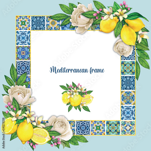 Watercolor mediterranean traditional tiles freame