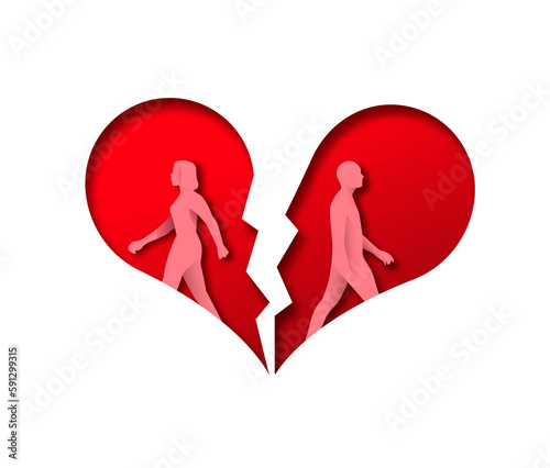 Man and woman couple breaking up. 3D paper cut illustration of people walking away inside broken heart. Separation concept, relationship end or marriage therapy idea on isolated white background.