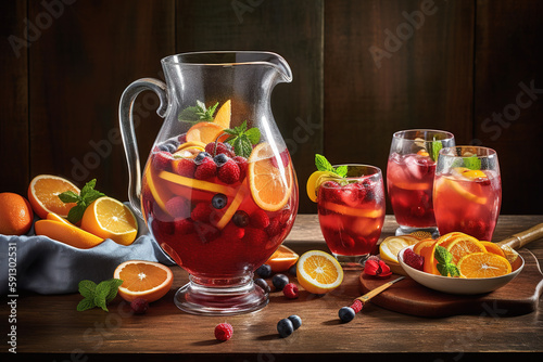 A colorful sangria , showcasing a large pitcher filled with red or white wine, fresh fruit, and a splash of brandy, accompanied by glasses filled with the refreshing beverage. Generative Ai