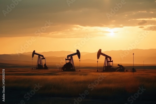 A field of oil wells pumping oil out of the ground created with generative AI technology.