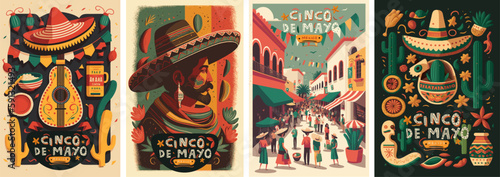 Cinco de Mayo is a Mexican holiday. Vector illustrations of pattern, sombrero hat, mexico city street, Mexican man and spanish guitar for poster, background or greeting card