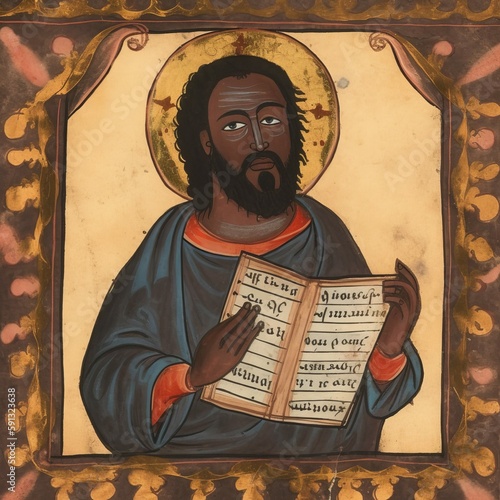 Simulated Medieval Fresco or Illuminated Manuscript Dark Skinned Jesus Christ Illustration [Generative AI]