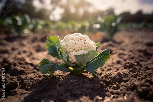 cauliflower planted on the soil in a farmland ai generative illustration