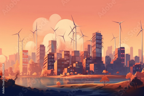 Energy Sustainable City With Wind Turbines, Made Using Generative Ai