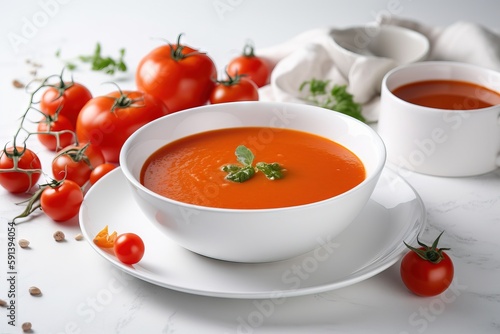  a bowl of tomato soup with a plate of tomatoes and a cup of soup on the side of the bowl and a napkin on the side. generative ai