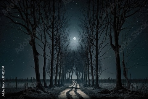 mysterious road surrounded by dark trees under a full moon. Generative AI