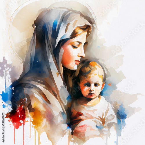 Watercolor maria and jesus on white background. Generative ai.