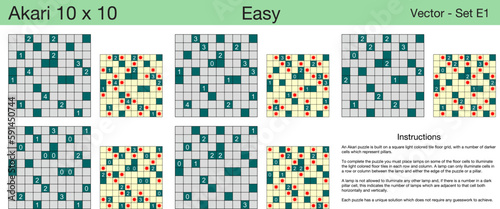 5 Easy Akari 10 x 10 Puzzles. A set of scalable puzzles for kids and adults, which are ready for web use or to be compiled into a standard or large print activity book.