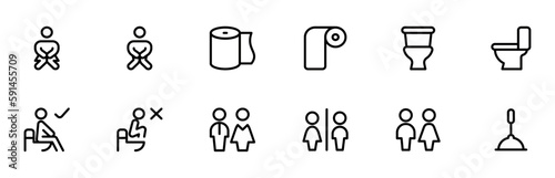 Toilet related vector icons set, male or female restroom wc tissue flash. 