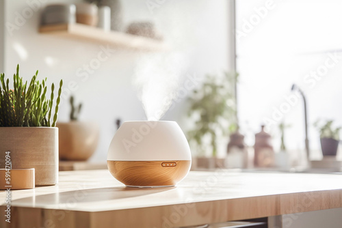 An essential oil diffuser on the bench in a bright well lit kitchen