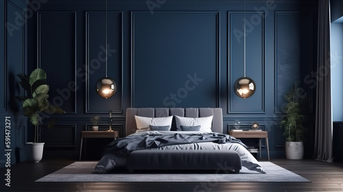 Poster frame mock up in home bedroom interio with bed and dark blue pillow. Generative Ai