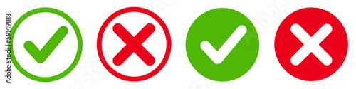 Set green approval check mark and red cross icons in circle and square, checklist signs, flat checkmark approval badge, isolated tick symbols