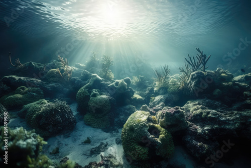 A Underwater View of A Coral Reef With Sun Shining Through The Water and A Few Small Fish Swimming Around It, and A Few Small Fish Swimming Around Climate Changes Generative AI