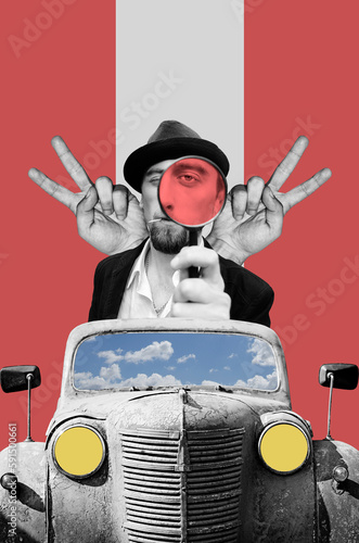 Digital collage with old rusty car and young bearded man