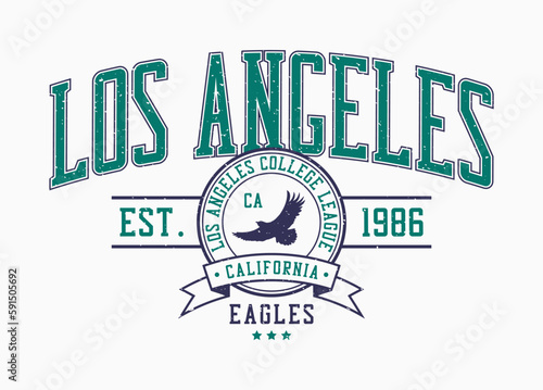 Los Angeles, California college style print for t-shirt with eagle. Typography graphics for college or university tee shirt design. Vintage sport apparel print with eagle and grunge. Vector.