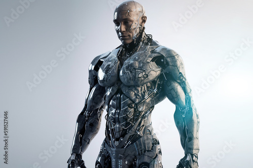 AI technology, sci fi and cyborg man, futuristic robot or fantasy warrior character for RPG, gaming or cyberpunk. Studio machine, android transformation or robotic humanoid model on grey background