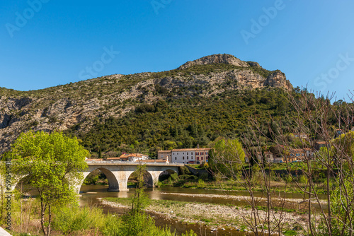 Landscape of the village of Anduze and the river Gardon, in the Cévennes, in Gard, Occitanie, France