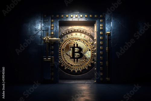 Bank vault door with Bitcoin symbol in dark room, protection of cryptocurrency concept, safety virtual currency, digital money. Generative AI.