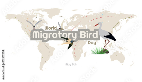 World Migratory Bird Day.May 8th. Map of the world with the migration routes of birds in light tone on soft background, over the text of the world day surrounded by some birds.