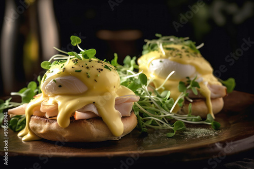Burger with bacon and poached eggs in creamy mustard sauce. Delicious healthy English breakfasts with micro greenery close-up. Generative AI.