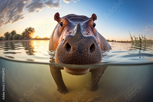 The hippo looks curious as it discovers the hidden wildlife camera in the water. Beautiful natural animal portrait with fisheye effect and selective focus. Made with generative AI. 