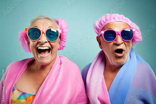 Old couple of husband and wife, enjoying retirement - theyacting goofy at a spa. Generative AI