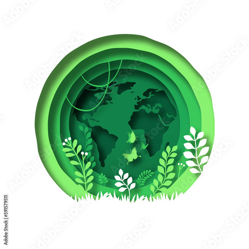 Green paper cut earth planet with nature environment inside. Modern 3d papercut illustration concept of world map, plant leaf and butterfly. Eco friendly solution, natural care design.