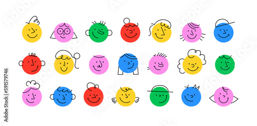 Colorful cartoon character face circle illustration set. Funny people faces doing diverse gesture and mood expression in trendy cartoon style. Social media reaction sticker, children drawing concept. 