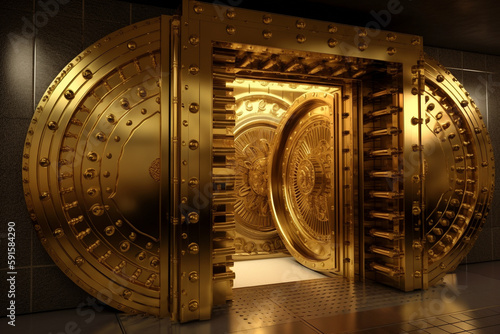 a huge futuristic golden vault gate, the safest place in the world, bank safe, generative ai 