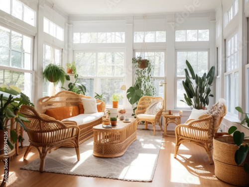 Bright and airy sunroom with wicker furniture A light and airy furnished sun room conservatory with view of trees in the background Generative AI