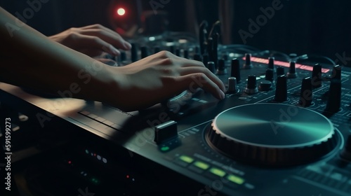 DJ realistic very detailed Hands with veins from lifting weight on steroids creating and regulating music on dj console mixer with less knobs in concert outdoor hazy created using generative ai