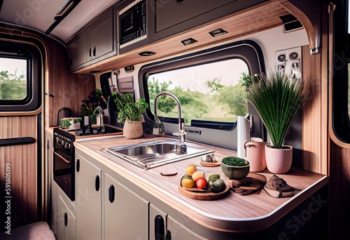 Luxury caravan kitchen interior. Generative AI
