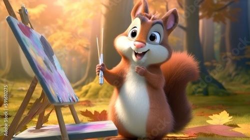 A bright - eyed, cute squirrel artist painting a beautiful forest scene, feeling inspired and passionate in a pastel - colored illustration. 3d illustration. Generative ai.