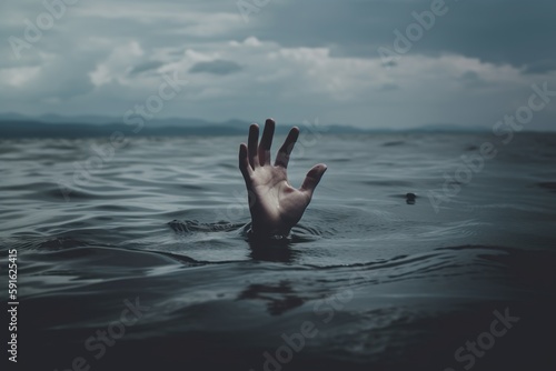 Hand asking for help drowning. Generative AI.