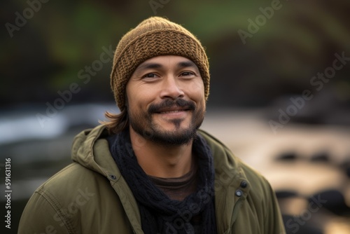 Full-length portrait photography of a pleased man in his 30s wearing a warm beanie or knit hat against a hawaiian or polynesian background. Generative AI
