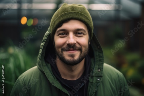 Close-up portrait photography of a grinning man in his 30s wearing a stylish hoodie against a greenhouse or glasshouse background. Generative AI