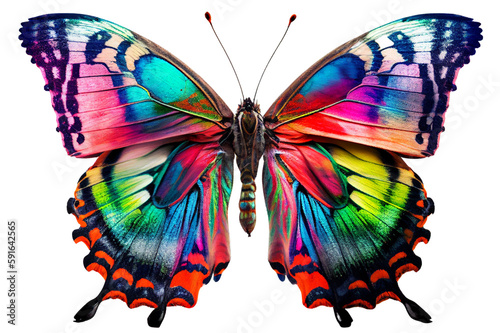 Rainbow-colored artistic butterfly isolated on a white background 