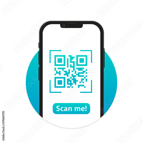 Qr Code SCAN ME template with a smartphone for application screenshot presentation. Can use for, landing page, template, ui, web, mobile app, banner flyer. Qr Verification Concept. Vector illustration