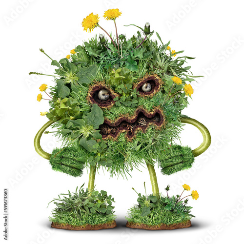 Lawn Weeds character and weed monster as dandelion with clover crab grass pest weeds problem as a symbol for herbicide use in the garden or gardening for lawn care and grubs destroying roots.
