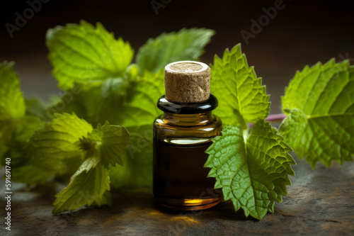 Patchouli essential oil and fresh patchouli leaves on the wooden table
