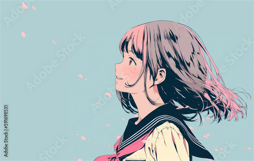 桜の花びらが散るのを見ている制服姿のアニメ風少女 AI generated