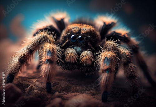 Close-up of a fuzzy tarantula with extraordinary clarity. AI generation. Generative AI