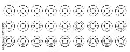 Donut chart segments collection. Wheel diagrams set. Outline ring sections and slices pack. From 2 to 28 sectors of infographic charts. Different phases and stages of cycle. Vector 