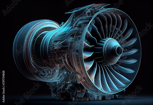 X-ray style turbofan jet engine isolated on black background. 3D rendering image. Generative AI