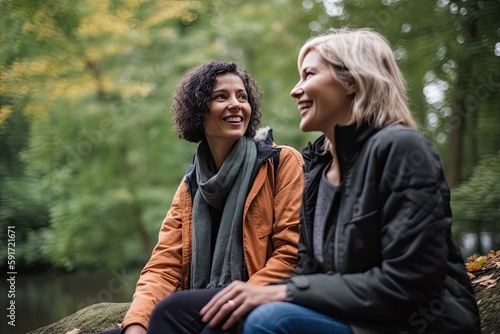 Mature woman smiling at friend in forest. Photo generative AI