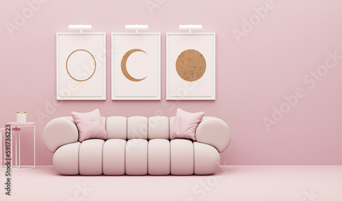 Poster frame mock up on pink background. Creative composition. Light background with copy space. 3D render for web page, presentation, studio, room fashion 